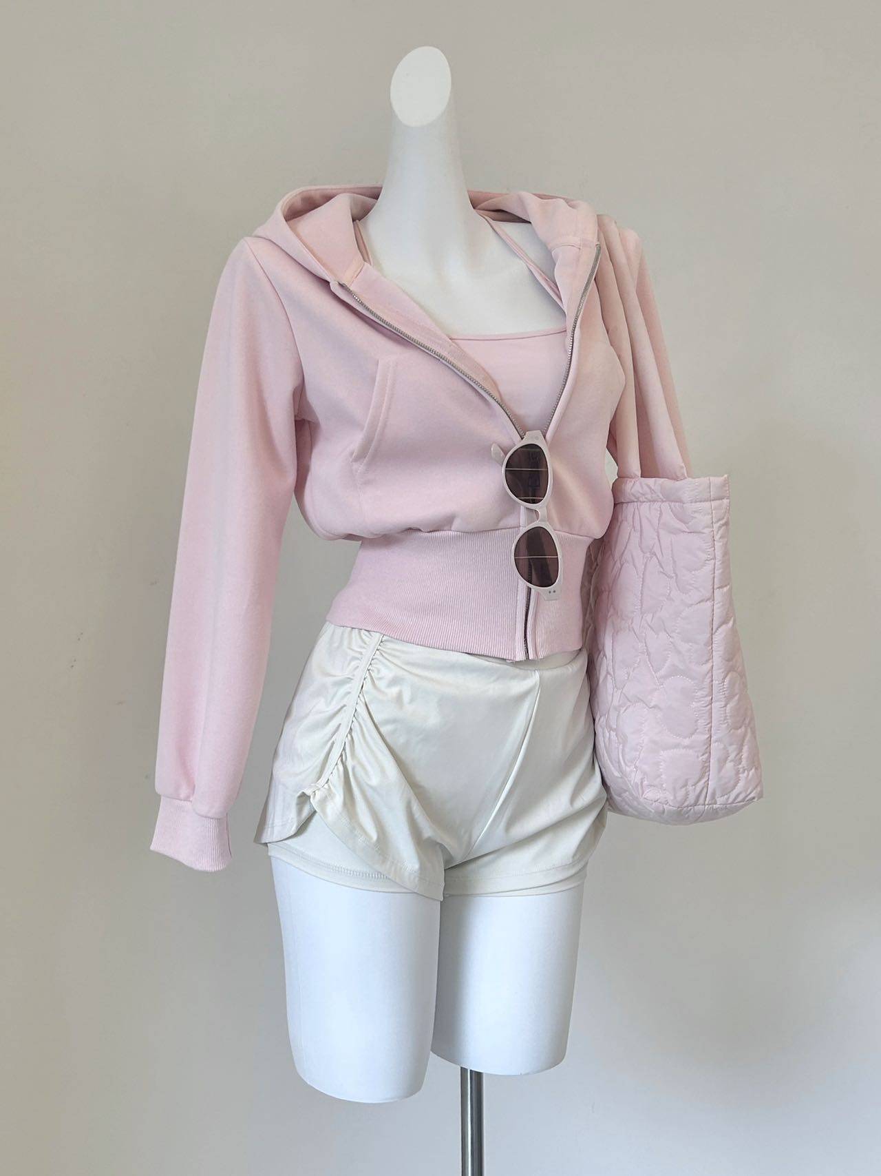 3 Piece Women Yoga Set Cropped Hoodie + Sports Tank with Pads + Ruched Shorts Pink Workout Outfit