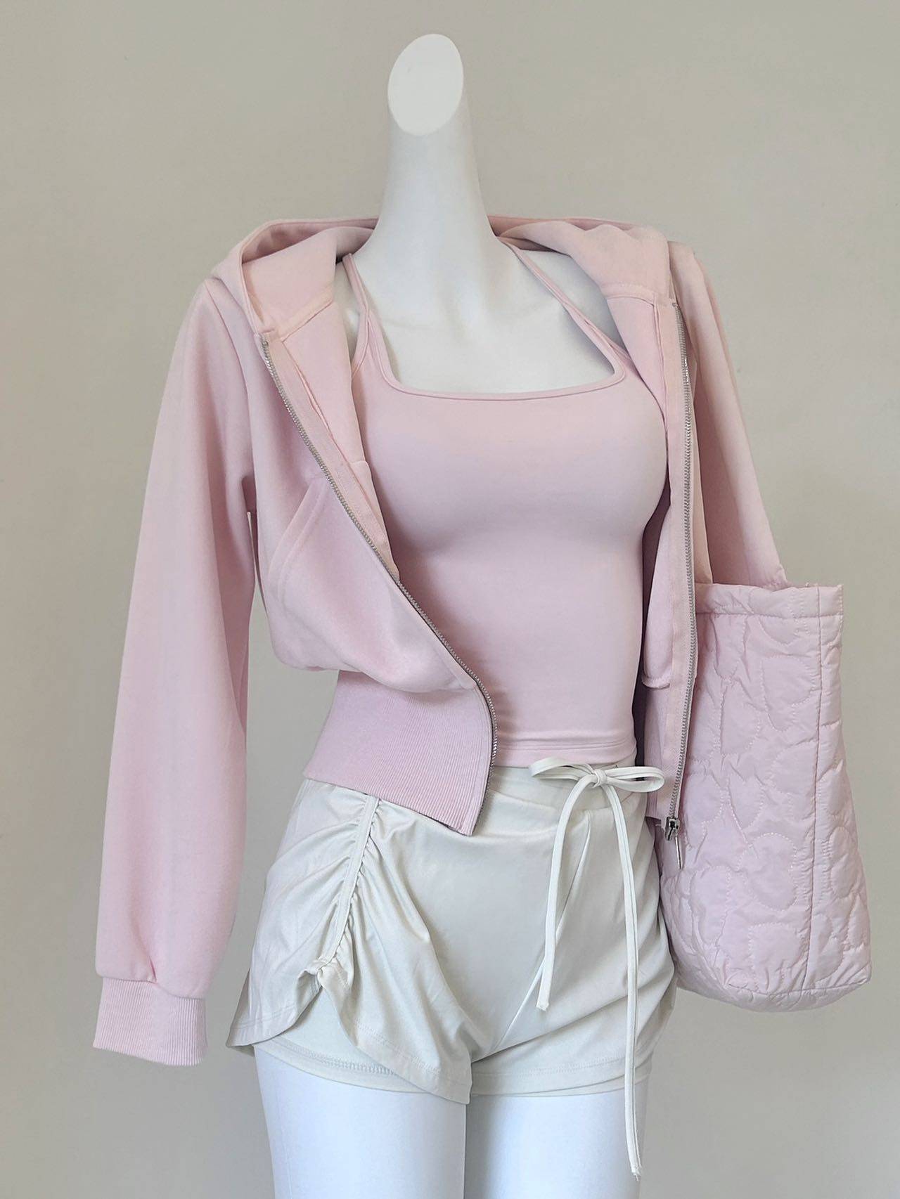 3 Piece Women Yoga Set Cropped Hoodie + Sports Tank with Pads + Ruched Shorts Pink Workout Outfit