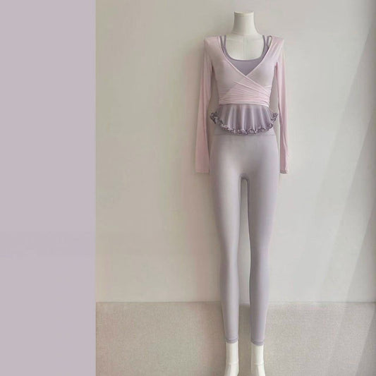 3-Piece Ballet-Inspired Yoga Set – Brushed Cross Wrap Top, Mesh Ruffle Camisole & Soft Breathable 7/8 Leggings