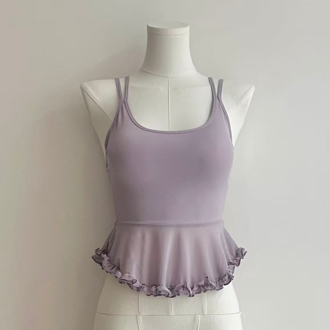 3-Piece Ballet-Inspired Yoga Set – Brushed Cross Wrap Top, Mesh Ruffle Camisole & Soft Breathable 7/8 Leggings