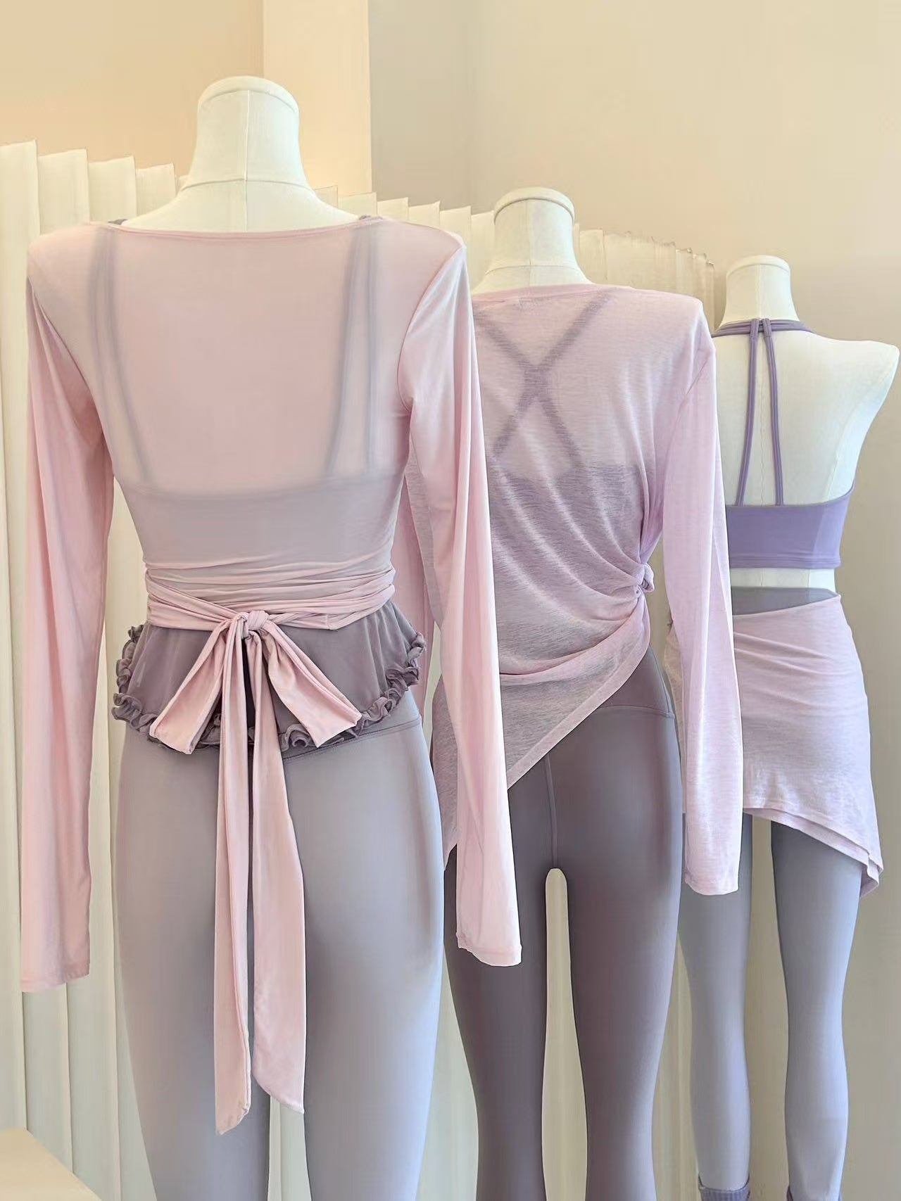 3-Piece Ballet-Inspired Yoga Set – Brushed Cross Wrap Top, Mesh Ruffle Camisole & Soft Breathable 7/8 Leggings