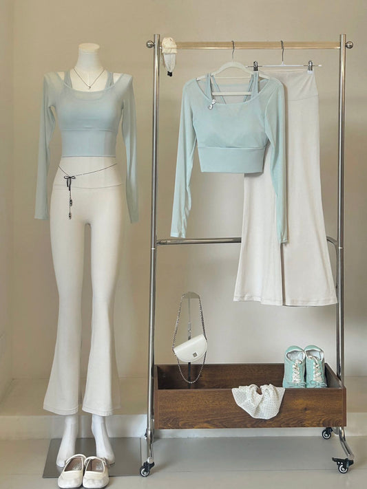 Mint Green 2-Piece Yoga Set – Sheer Mesh Long Sleeve Top with Built-in Bra & Flare Leggings