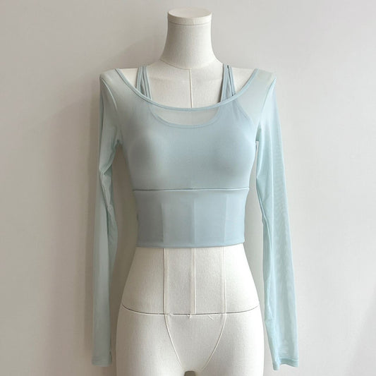 Mint Green 2-Piece Yoga Set – Sheer Mesh Long Sleeve Top with Built-in Bra & Flare Leggings