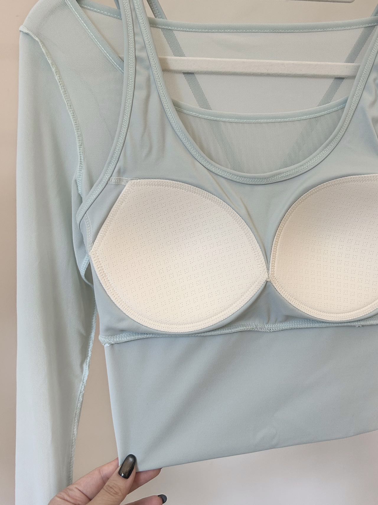Mint Green 2-Piece Yoga Set – Sheer Mesh Long Sleeve Top with Built-in Bra & Flare Leggings