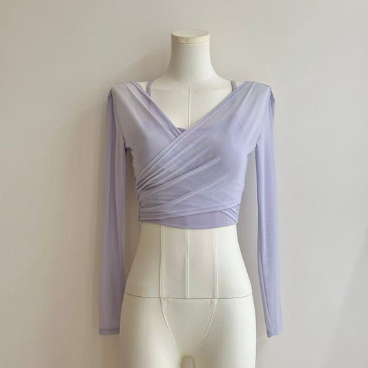 Cross Mesh Two-Piece Yoga Set – Long Sleeve Top & Ribbed Flare Pants with Wrap Detail