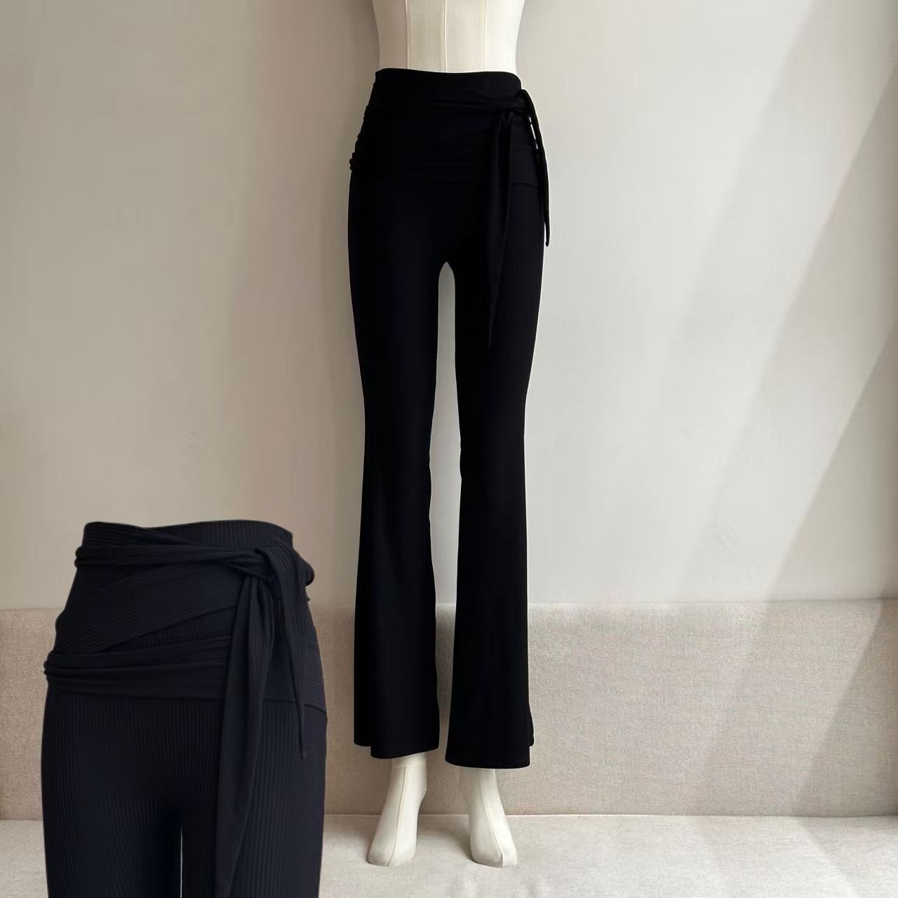 Cross Mesh Two-Piece Yoga Set – Long Sleeve Top & Ribbed Flare Pants with Wrap Detail