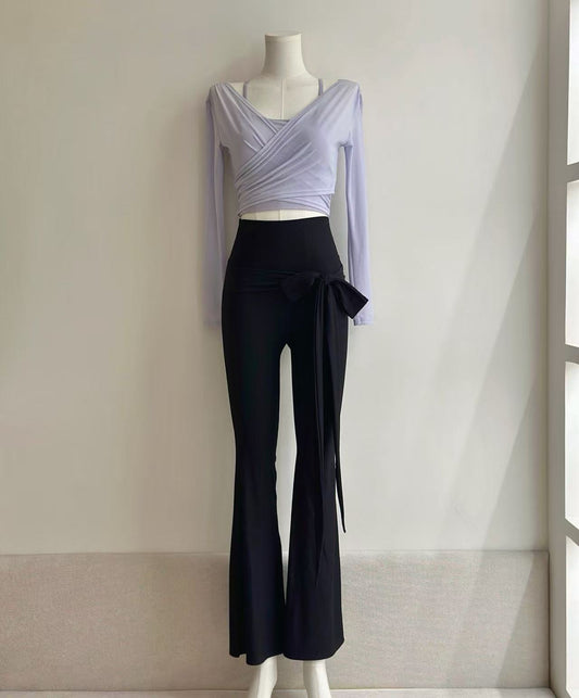 Cross Mesh Two-Piece Yoga Set – Long Sleeve Top & Ribbed Flare Pants with Wrap Detail