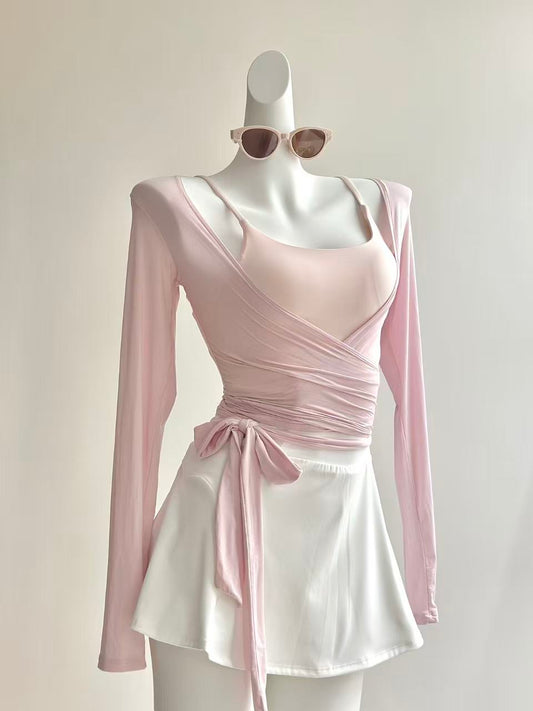 Pink Criss-Cross Strap Top & White A-Line Skirt Shorts Set – 2-Piece Yoga Tennis Outfit for Women