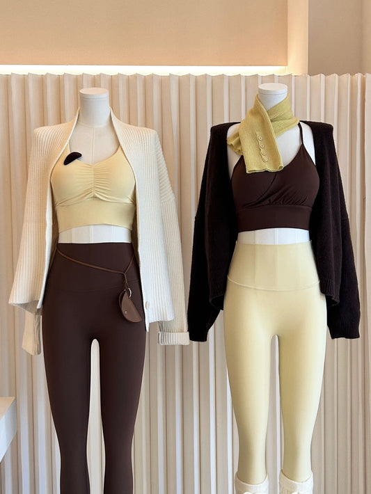 Yellow Ruched Front Sports Bra & Coffee High-Waist Yoga Pants Set – Comfortable Activewear