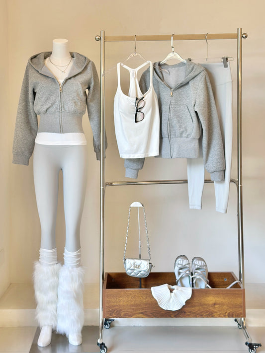 Grey Zip-Up Hoodie & High-Waist Yoga Leggings Set – Slim Fit Activewear 2-Piece Workout Outfit