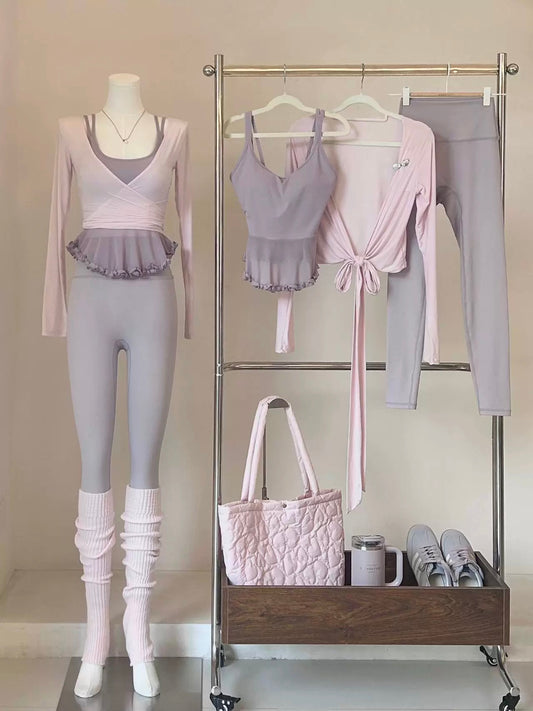 3-Piece Ballet-Inspired Yoga Set – Brushed Cross Wrap Top, Mesh Ruffle Camisole & Soft Breathable 7/8 Leggings