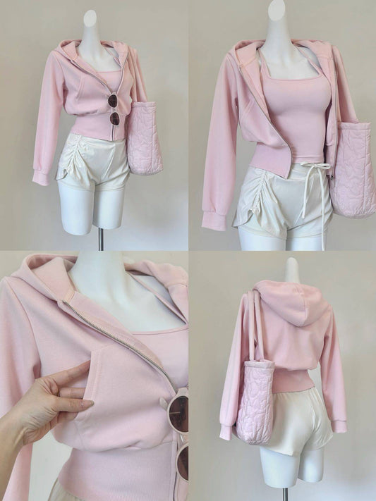 3 Piece Women Yoga Set Cropped Hoodie + Sports Tank with Pads + Ruched Shorts Pink Workout Outfit